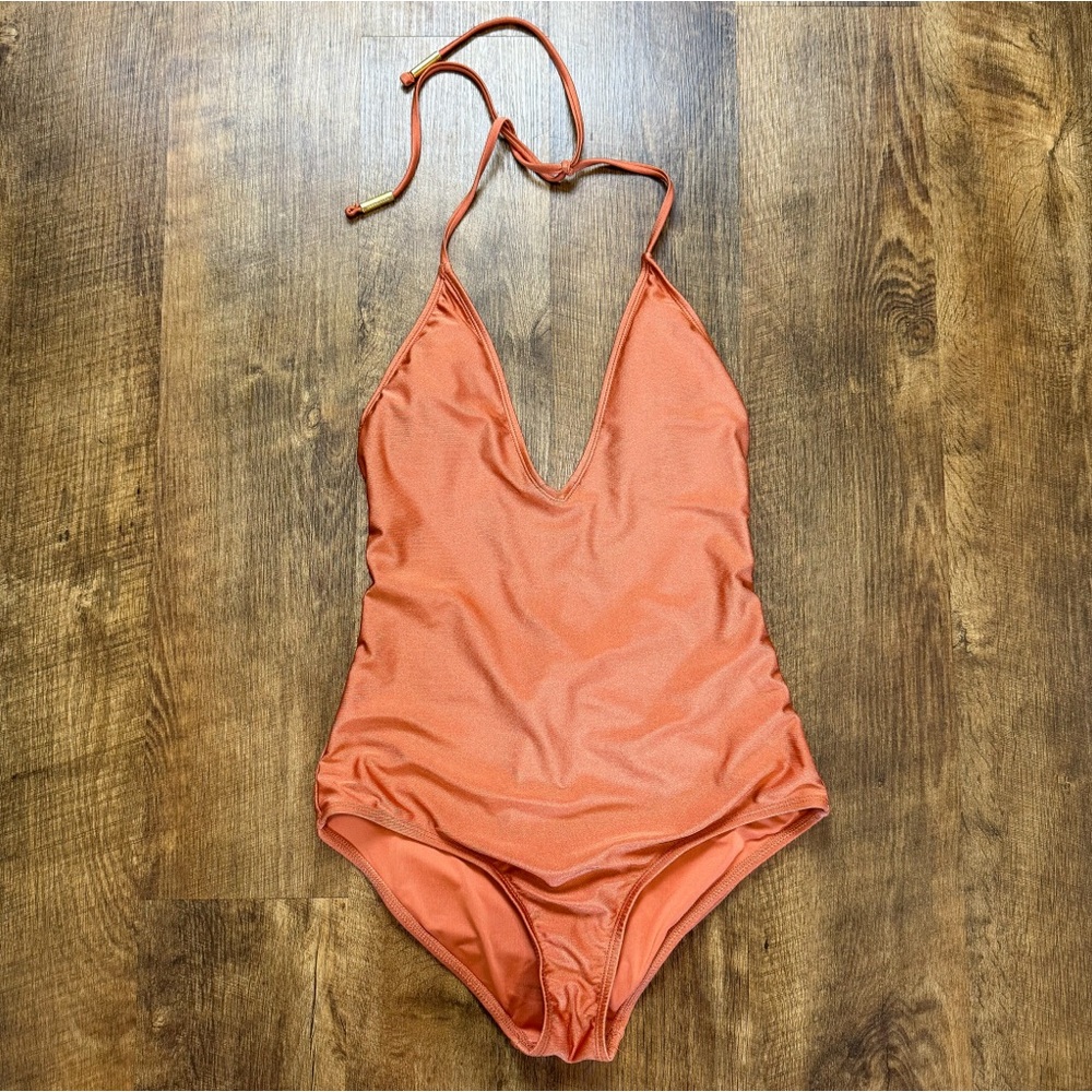 Mosmann Australia One Piece Swimsuit Sz Medium Shimmer Orange Deep Vneck